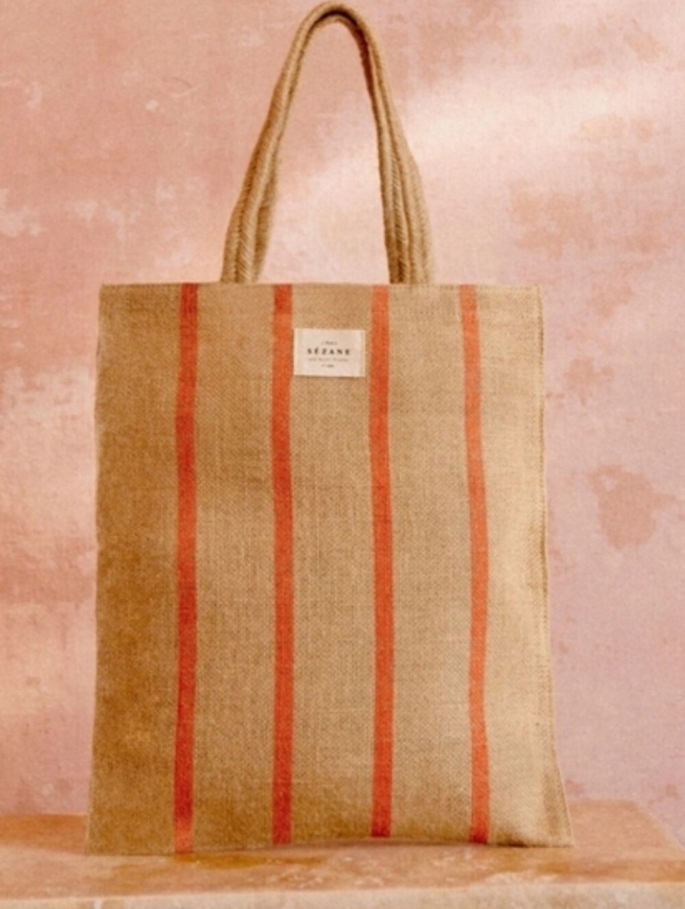 Sezane Burlap Stripe Tote in Natural with Coral Stripes